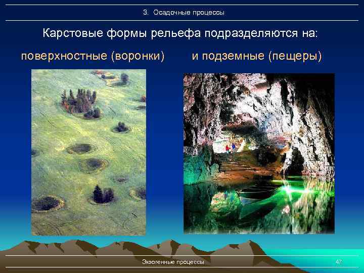 3. Осадочные процессы Карстовые формы рельефа подразделяются на: поверхностные (воронки) и подземные (пещеры) Экзогенные