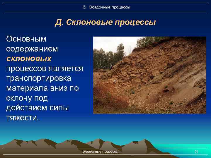 3. Осадочные процессы Д. Склоновые процессы Основным содержанием склоновых процессов является транспортировка материала вниз