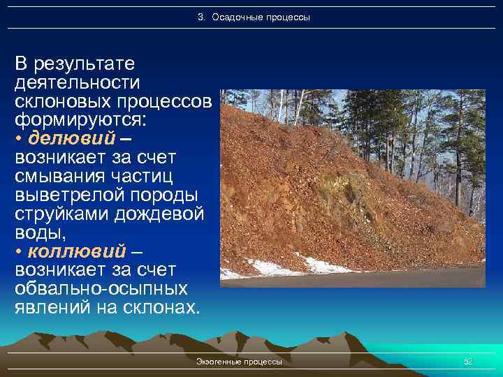 3. Осадочные процессы В результате деятельности склоновых процессов формируются: • делювий – возникает за