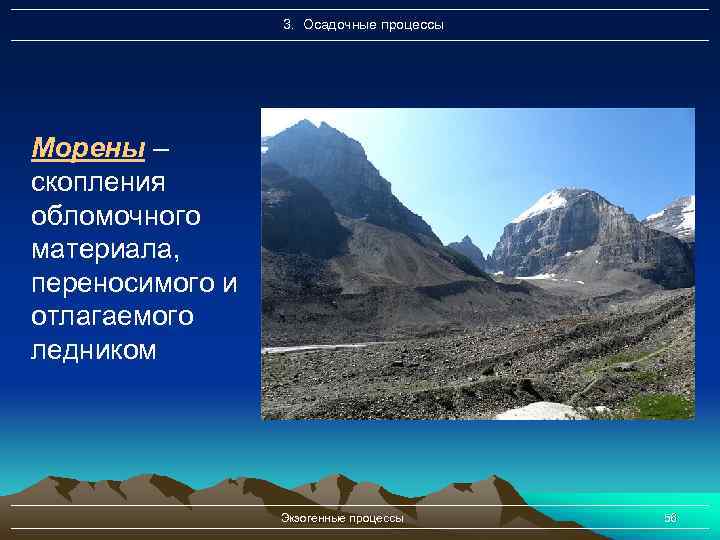 3. Осадочные процессы Морены – скопления обломочного материала, переносимого и отлагаемого ледником Экзогенные процессы