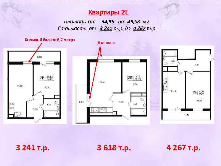 Квартиры 2 Е Площадь от 34, 56 до 45, 98 м 2. Стоимость от