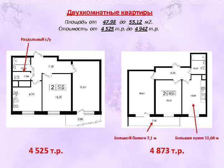 Двухкомнатные квартиры Площадь от 47, 98 до 55, 12 м 2. Стоимость от 4