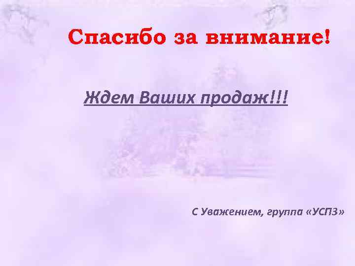 Спасибо за внимание! Ждем Ваших продаж!!! С Уважением, группа «УСП 3» 