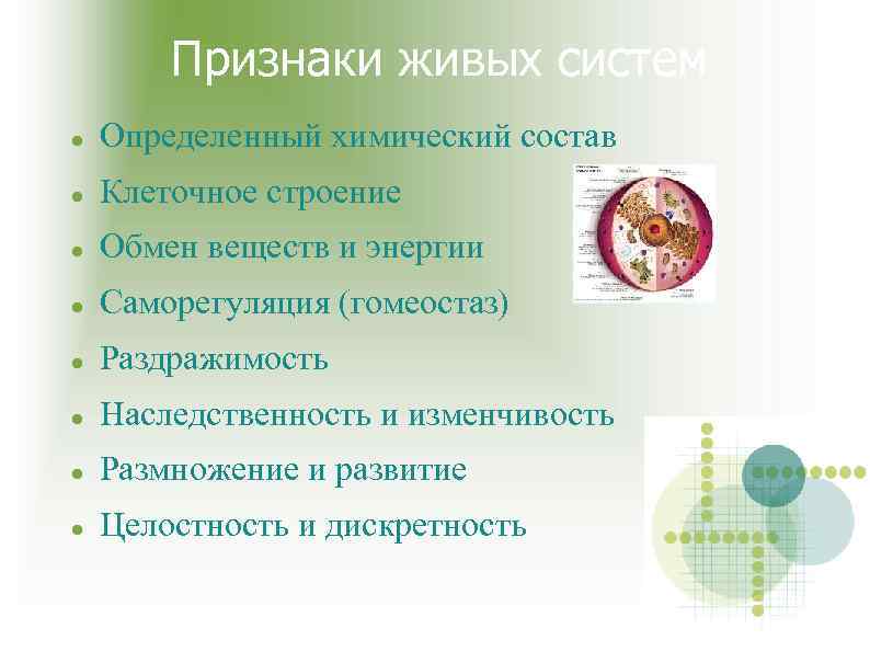 Признаки живых систем Определенный химический состав Клеточное строение Обмен веществ и энергии Саморегуляция (гомеостаз)