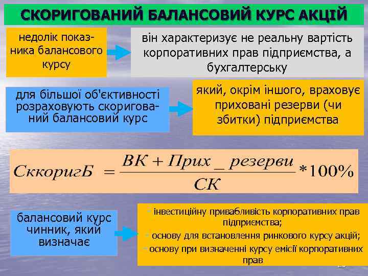 СКОРИГОВАНИЙ БАЛАНСОВИЙ КУРС АКЦІЙ недолік показ ника балансового курсу він характеризує не реальну вартість