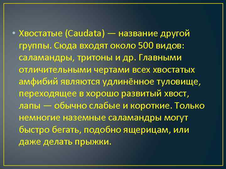  • Хвостатые (Caudata) — название другой группы. Сюда входят около 500 видов: саламандры,