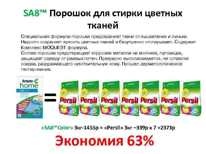 SA 8™ Порошок для стирки цветных тканей Специальная формула порошка предохраняет ткани от выцветания