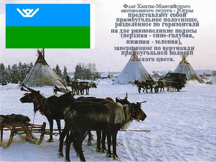 Флаг Ханты-Мансийского автономного округа - Югры представляет собой прямоугольное полотнище, разделенное по горизонтали на