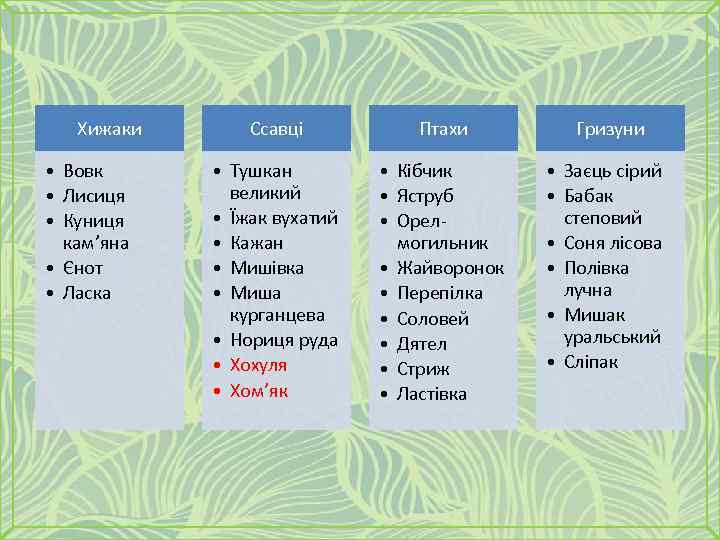 Хижаки • Вовк • Лисиця • Куниця кам’яна • Єнот • Ласка Ссавці Птахи