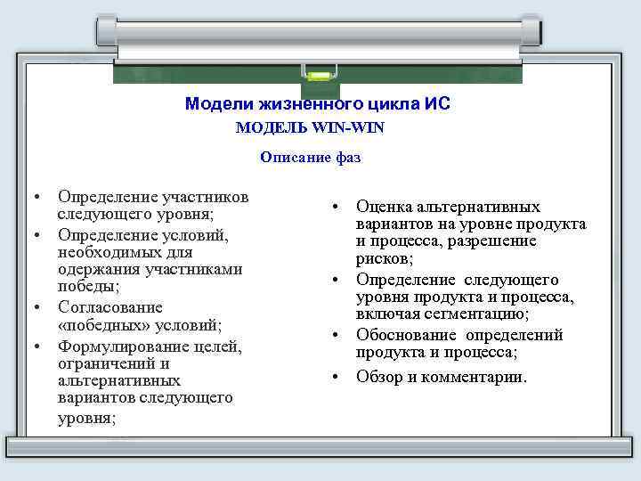 Модели жизненного цикла ИС МОДЕЛЬ WIN-WIN Описание фаз • Определение участников следующего уровня; •