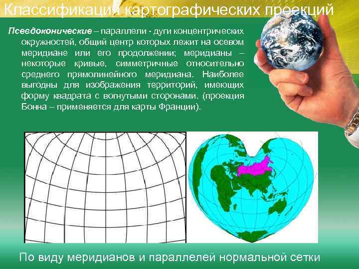 Классификация картографических проекций Псевдоконические – параллели - дуги концентрических окружностей, общий центр которых лежит