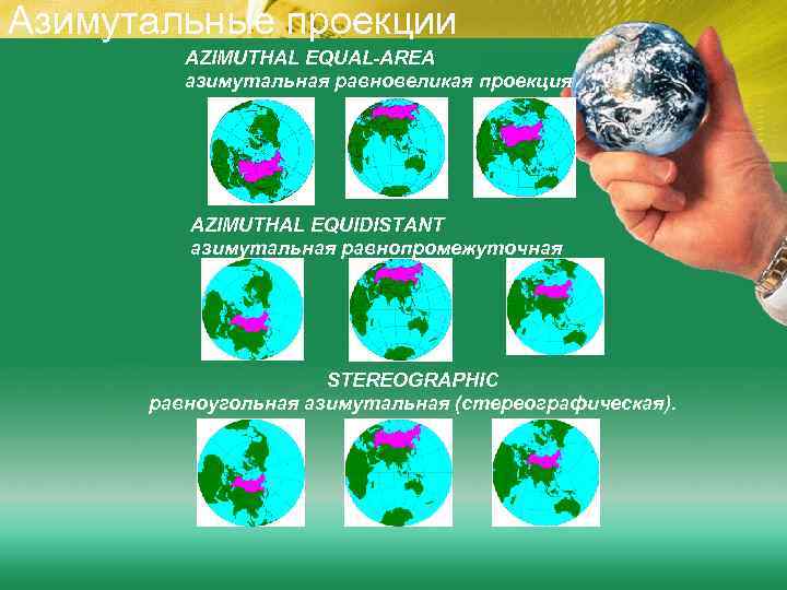 Азимутальные проекции AZIMUTHAL EQUAL-AREA азимутальная равновеликая проекция AZIMUTHAL EQUIDISTANT азимутальная равнопромежуточная STEREOGRAPHIC равноугольная азимутальная