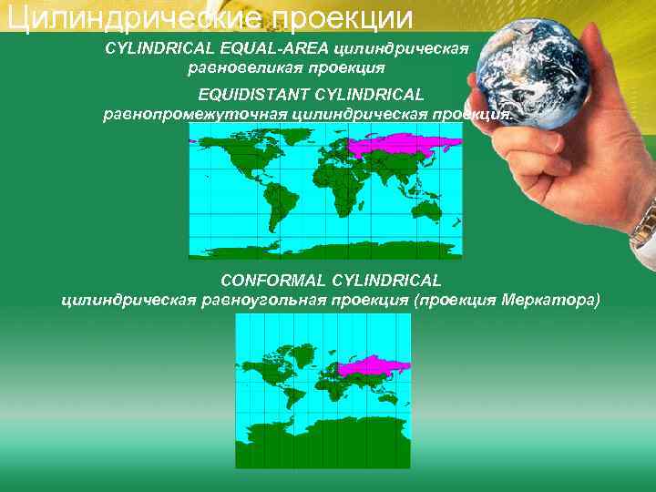 Цилиндрические проекции CYLINDRICAL EQUAL-AREA цилиндрическая равновеликая проекция EQUIDISTANT CYLINDRICAL равнопромежуточная цилиндрическая проекция. CONFORMAL CYLINDRICAL