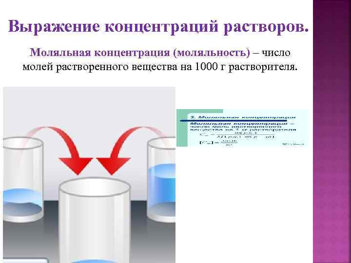 Выражение концентраций растворов. Моляльная концентрация (моляльность) – число молей растворенного вещества на 1000 г