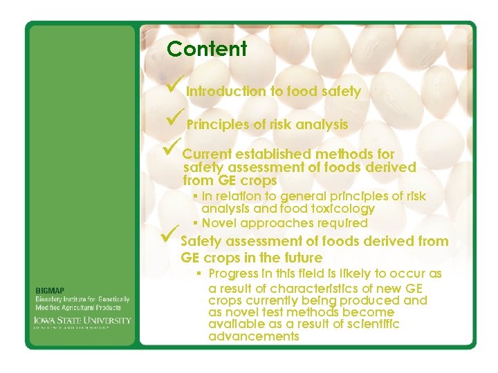 Content üIntroduction to food safety üPrinciples of risk analysis üCurrentassessment ofmethods for established safety