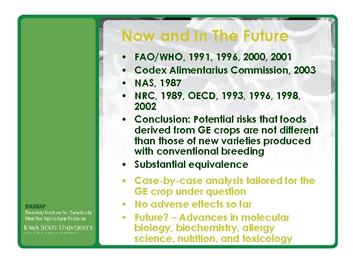 Now and In The Future • • FAO/WHO, 1991, 1996, 2000, 2001 Codex Alimentarius