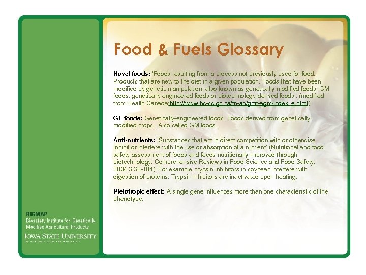 Food & Fuels Glossary Novel foods: ‘Foods resulting from a process not previously used