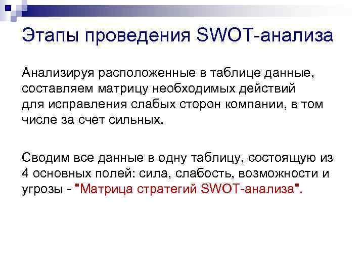 Этапы проведения SWOT-анализа Анализируя расположенные в таблице данные, составляем матрицу необходимых действий для исправления