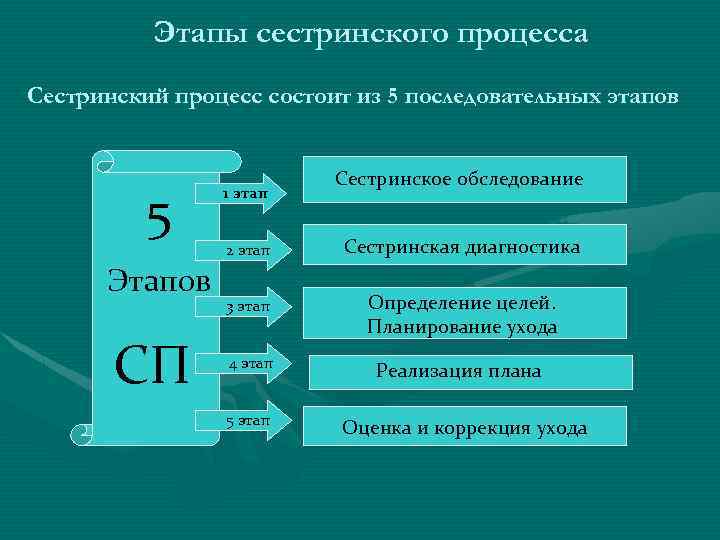 Этапы сестринского процесса Сестринский процесс состоит из 5 последовательных этапов 5 Этапов СП 1