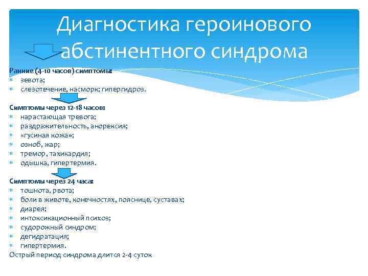 Диагностика героинового абстинентного синдрома Ранние (4 -10 часов) симптомы: зевота; слезотечение, насморк; гипергидроз. Симптомы