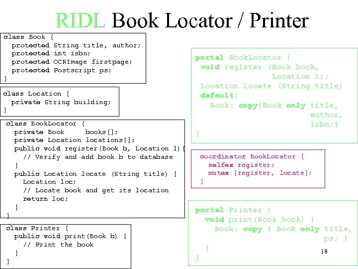 RIDL Book Locator / Printer class Book { protected String title, author; protected int