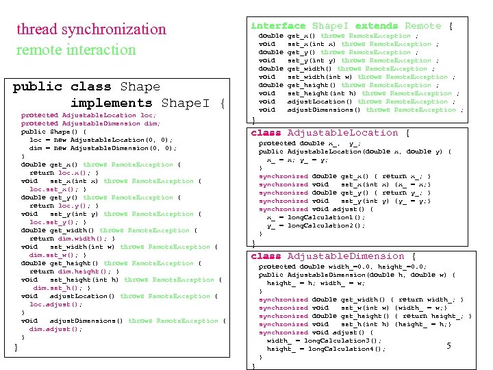 thread synchronization remote interaction interface Shape. I extends Remote { double void void public