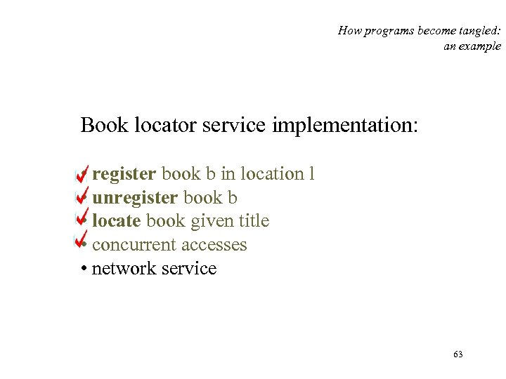 How programs become tangled: an example Book locator service implementation: • register book b