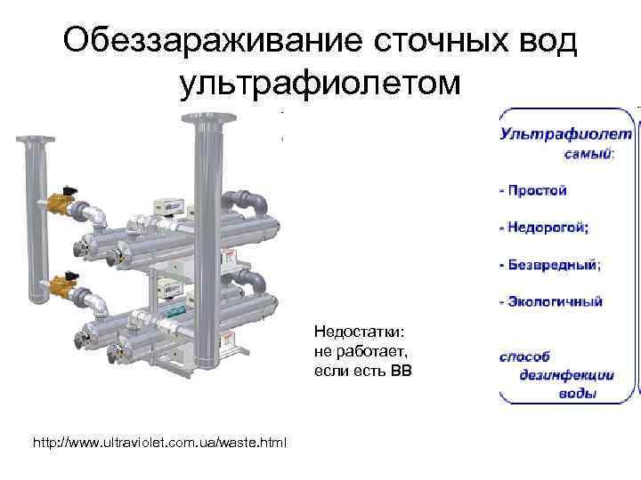 Обеззараживание сточных вод ультрафиолетом Недостатки: не работает, если есть ВВ http: //www. ultraviolet. com.