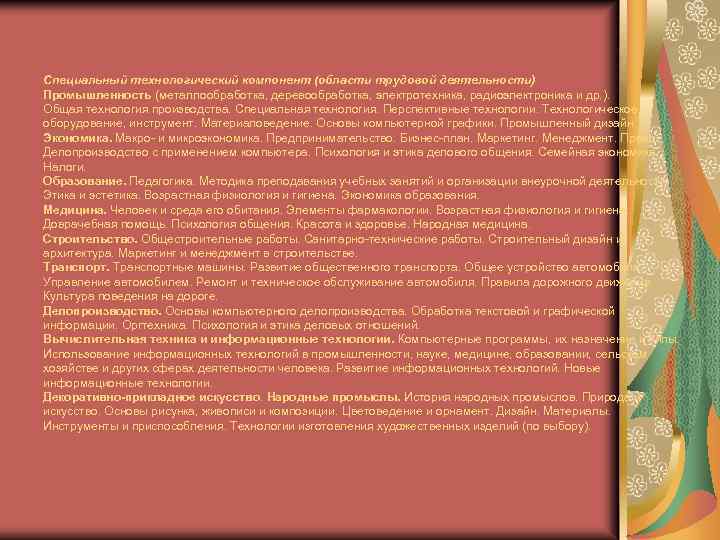 Специальный технологический компонент (области трудовой деятельности) Промышленность (металлообработка, деревообработка, электротехника, радиоэлектроника и др. ).