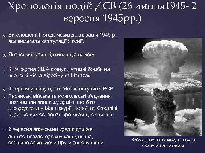 Хронологія подій ДСВ (26 липня 1945 - 2 вересня 1945 рр. ) Виголошена Потсдамська
