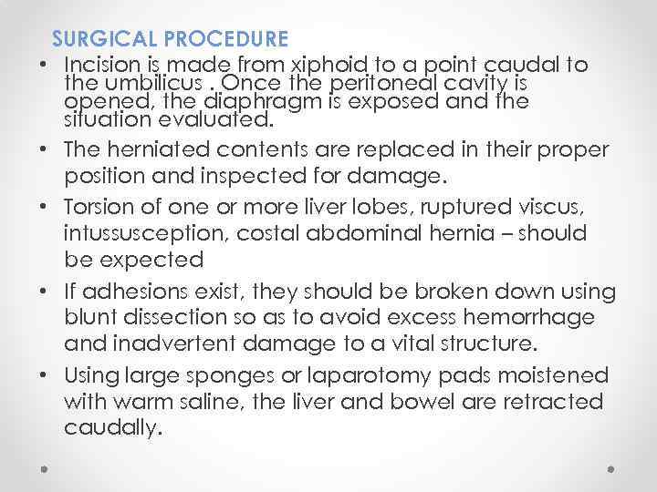 SURGICAL PROCEDURE • Incision is made from xiphoid to a point caudal to the