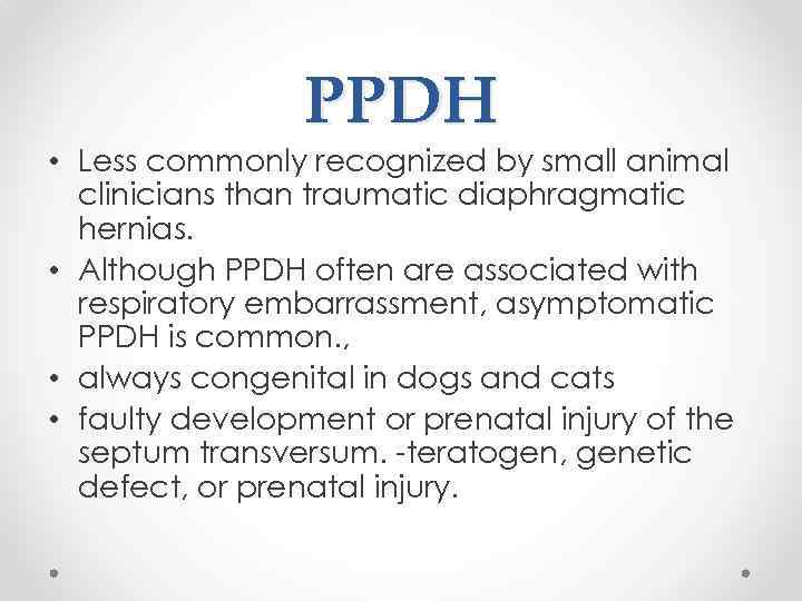 PPDH • Less commonly recognized by small animal clinicians than traumatic diaphragmatic hernias. •