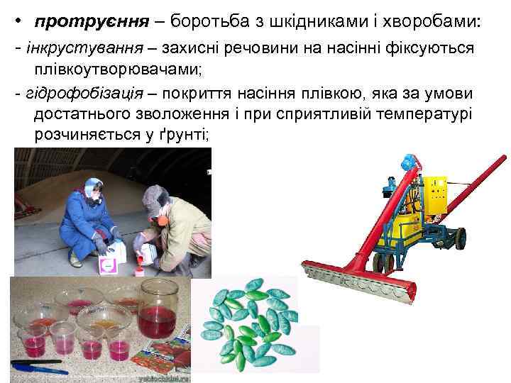  • протруєння – боротьба з шкідниками і хворобами: - інкрустування – захисні речовини