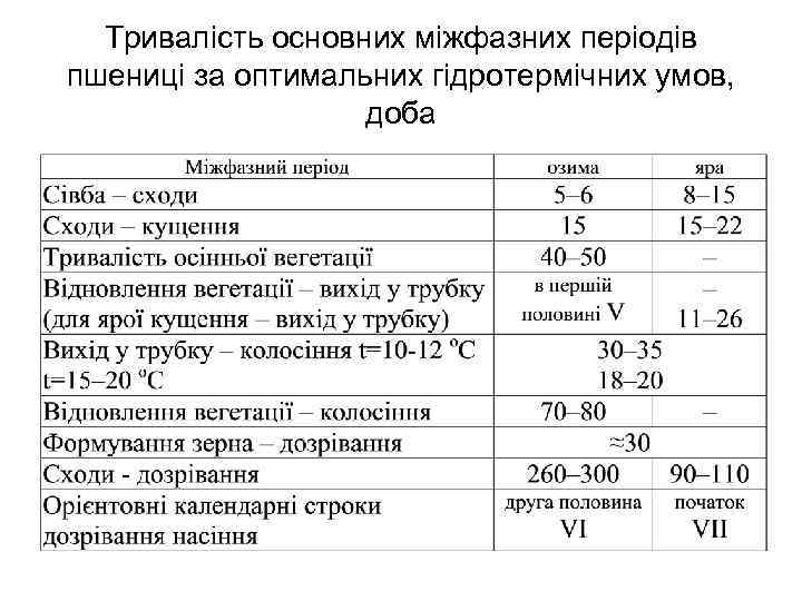 Тривалість основних міжфазних періодів пшениці за оптимальних гідротермічних умов, доба 