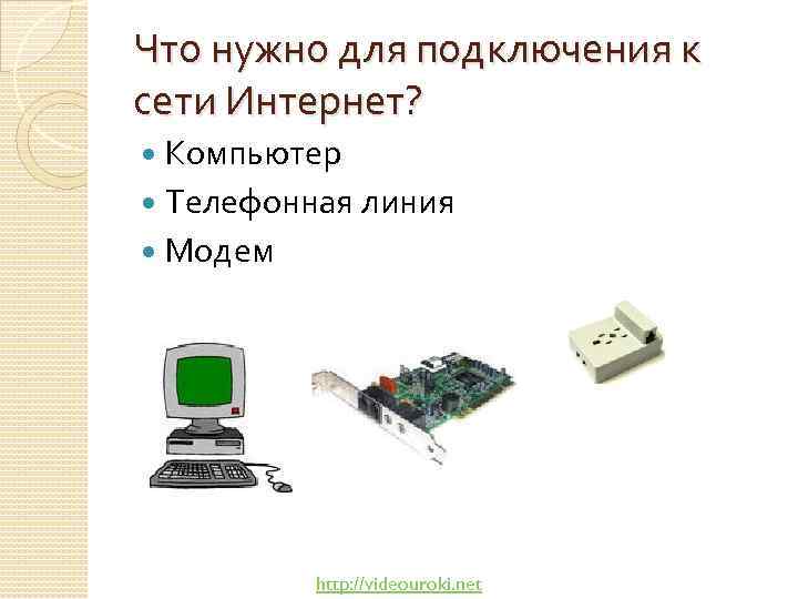 Что нужно для подключения к сети Интернет? Компьютер Телефонная линия Модем http: //videouroki. net