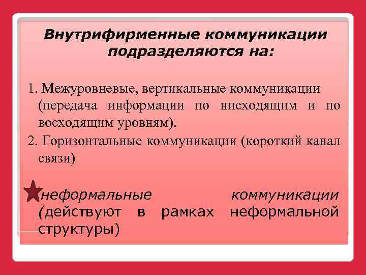 Внутрифирменные коммуникации подразделяются на: 1. Межуровневые, вертикальные коммуникации (передача информации по нисходящим и по