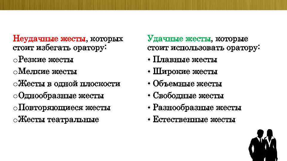 Неудачные жесты, которых стоит избегать оратору: o Резкие жесты o Мелкие жесты o Жесты