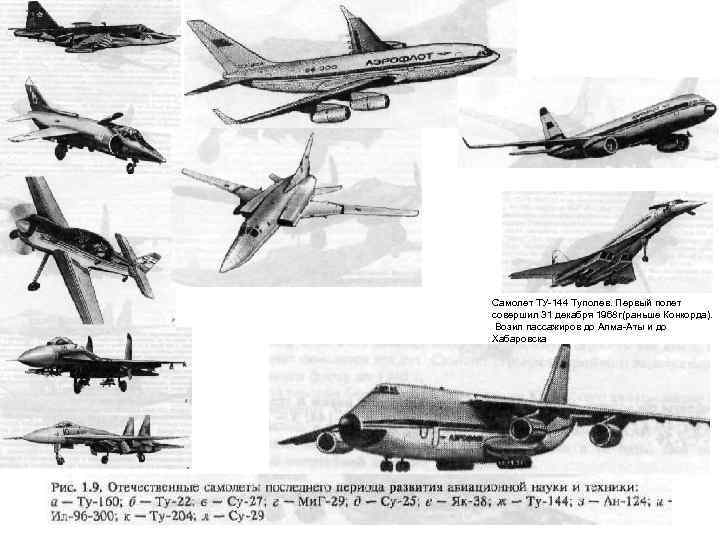 Самолет ТУ-144 Туполев. Первый полет совершил 31 декабря 1968 г(раньше Конкорда). Возил пассажиров до