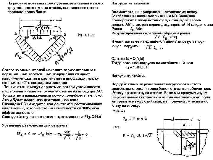 На рисунке показана схема уравновешивания малого треугольного сегмента стенки, вырезанного около верхнего пояса балки