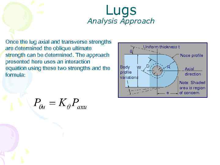 Lugs Analysis Approach Once the lug axial and transverse strengths are determined the oblique