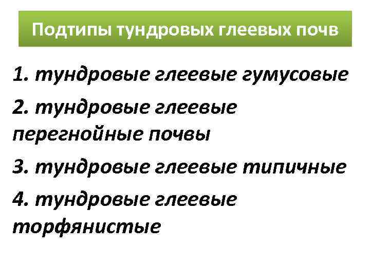 Подтипы тундровых глеевых почв 1. тундровые глеевые гумусовые 2. тундровые глеевые перегнойные почвы 3.