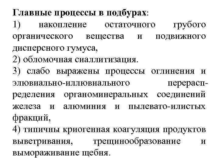 Главные процессы в подбурах: 1) накопление остаточного грубого органического вещества и подвижного дисперсного гумуса,