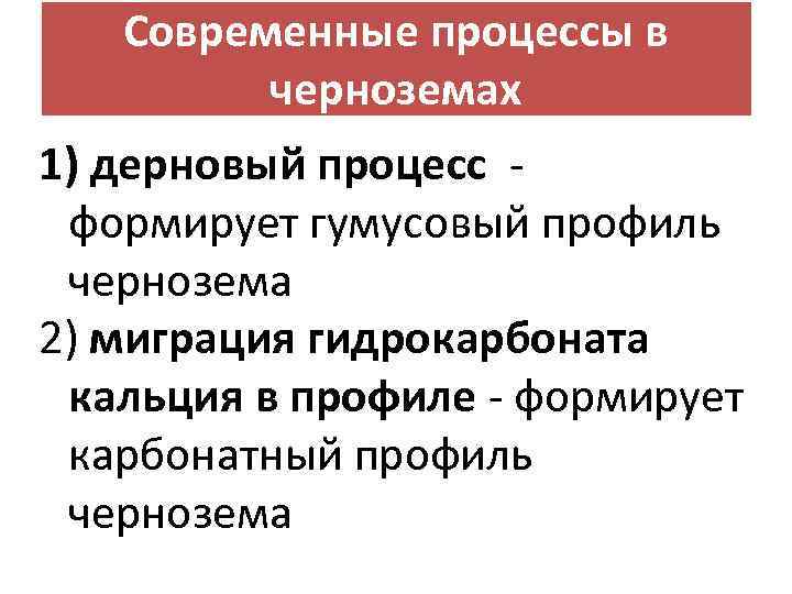 Современные процессы в черноземах 1) дерновый процесс формирует гумусовый профиль чернозема 2) миграция гидрокарбоната