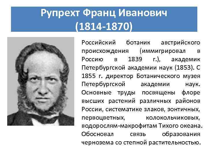 Рупрехт Франц Иванович (1814 -1870) Российский ботаник австрийского происхождения (иммигрировал в Россию в 1839