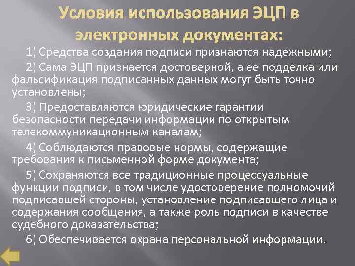 Условия использования ЭЦП в электронных документах: 1) Средства создания подписи признаются надежными; 2) Сама