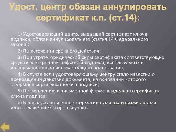 Удост. центр обязан аннулировать сертификат к. п. (ст. 14): 1) Удостоверяющий центр, выдавший сертификат