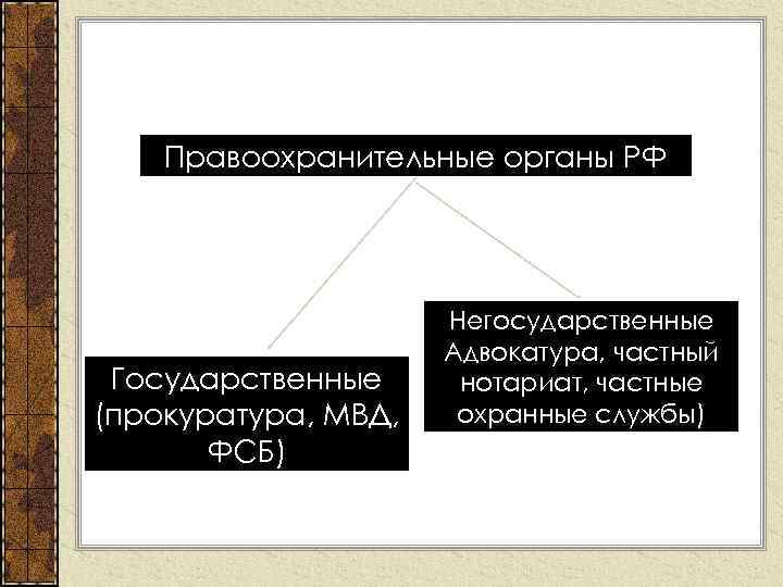 Правоохранительные органы РФ Государственные (прокуратура, МВД, ФСБ) Негосударственные Адвокатура, частный нотариат, частные охранные службы)