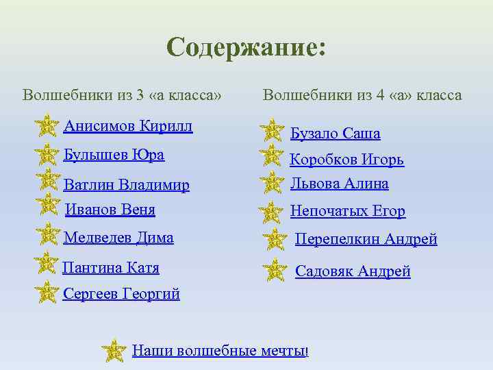 Содержание: Волшебники из 3 «а класса» Волшебники из 4 «а» класса Анисимов Кирилл Бузало