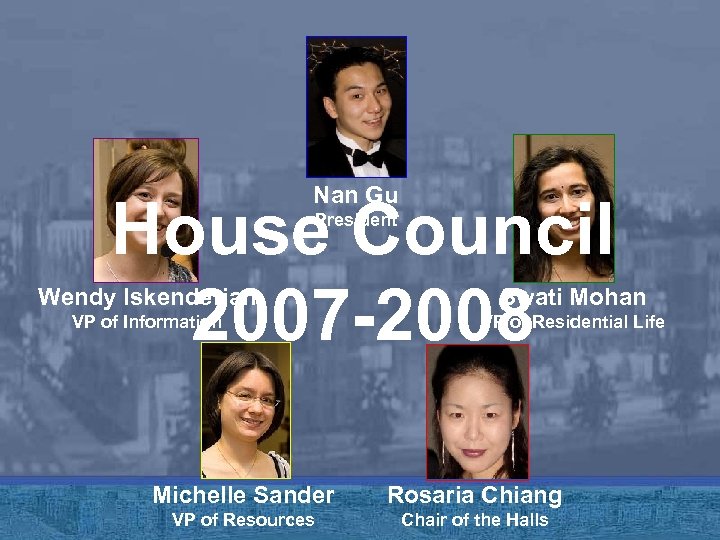 Nan Gu House Council 2007 -2008 President Wendy Iskenderian Swati Mohan VP of Information