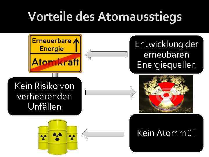 Vorteile des Atomausstiegs Entwicklung der erneubaren Energiequellen Kein Risiko von verheerenden Unfällen Kein Atommüll